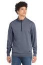 Man wearing a gray half-zip sweatshirt on a white background embroidered New Era® Tri-Blend Fleece 1/4-Zip Pullover