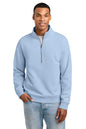 A man wearing a light blue quarter-zip sweatshirt and light-wash jeans, standing against a plain white background. New Era® Heritage Fleece 1/2-Zip, Embroidered