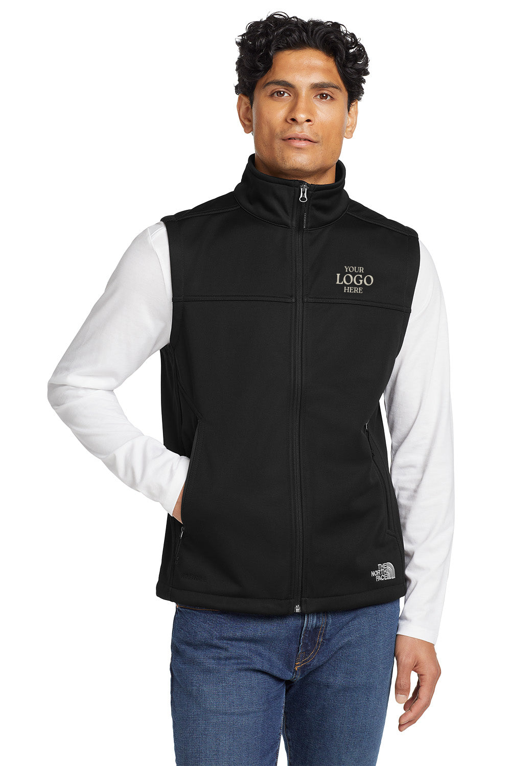 Man wearing a black vest with a logo on a white background, embroidered The North Face® Ridgewall Soft Shell Vest