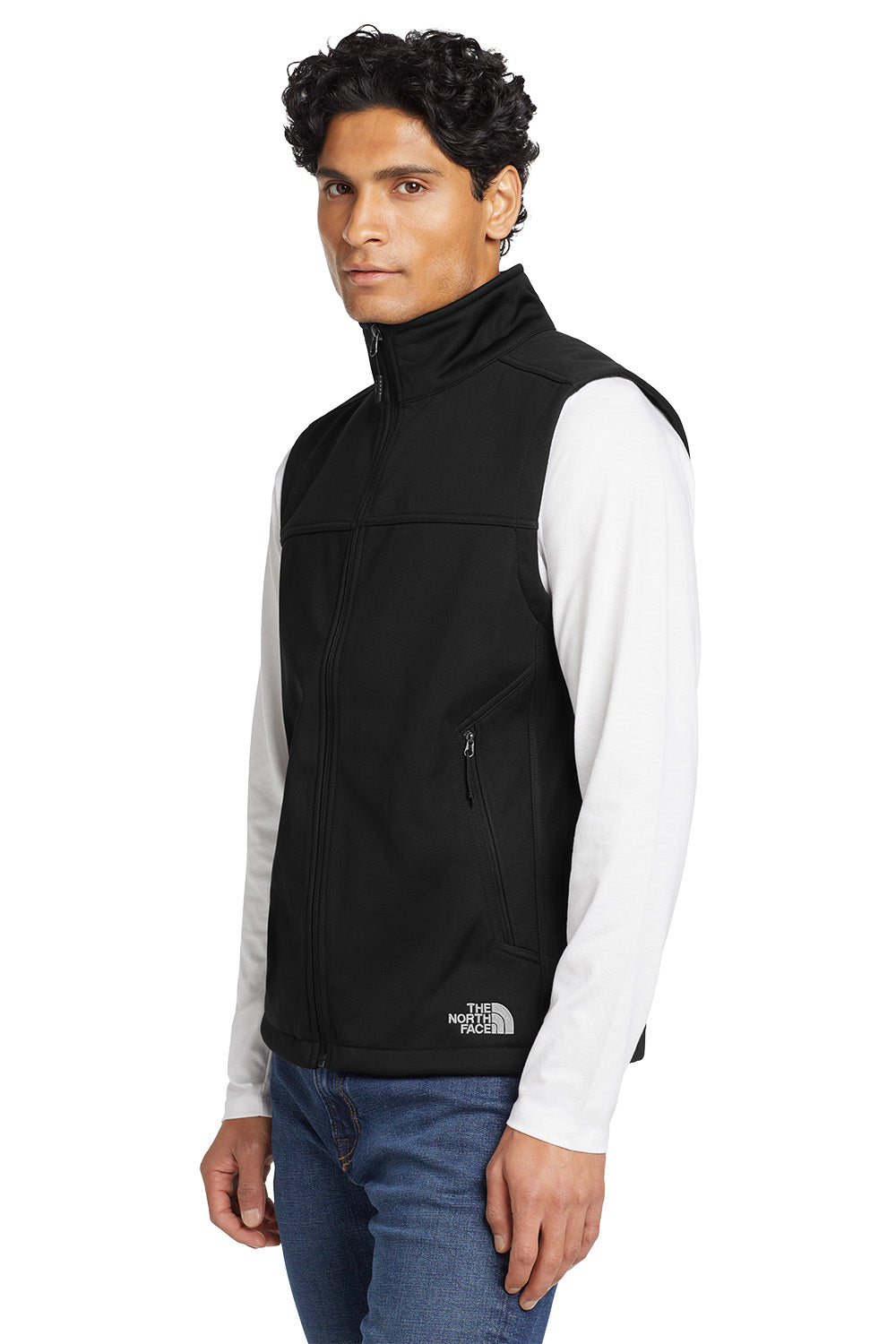 Man wearing a black vest with The North Face logo on a white background, embroidered The North Face® Ridgewall Soft Shell Vest