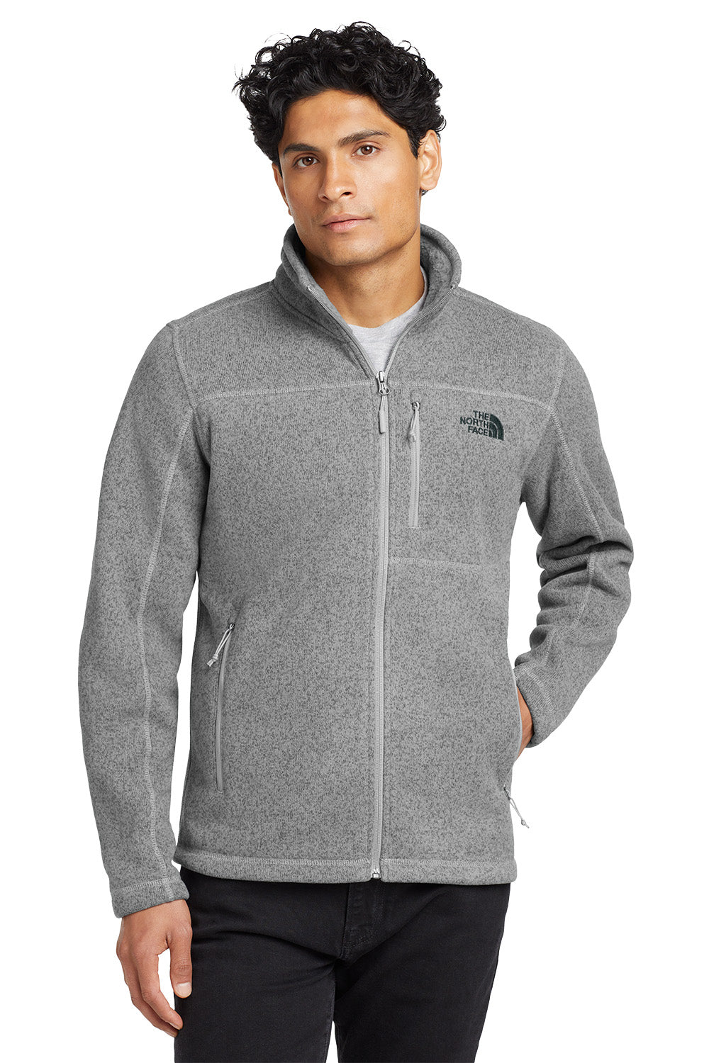 Man wearing a gray fleece jacket with The North Face logo on a white background embroidered The North Face® Sweater Fleece Jacket