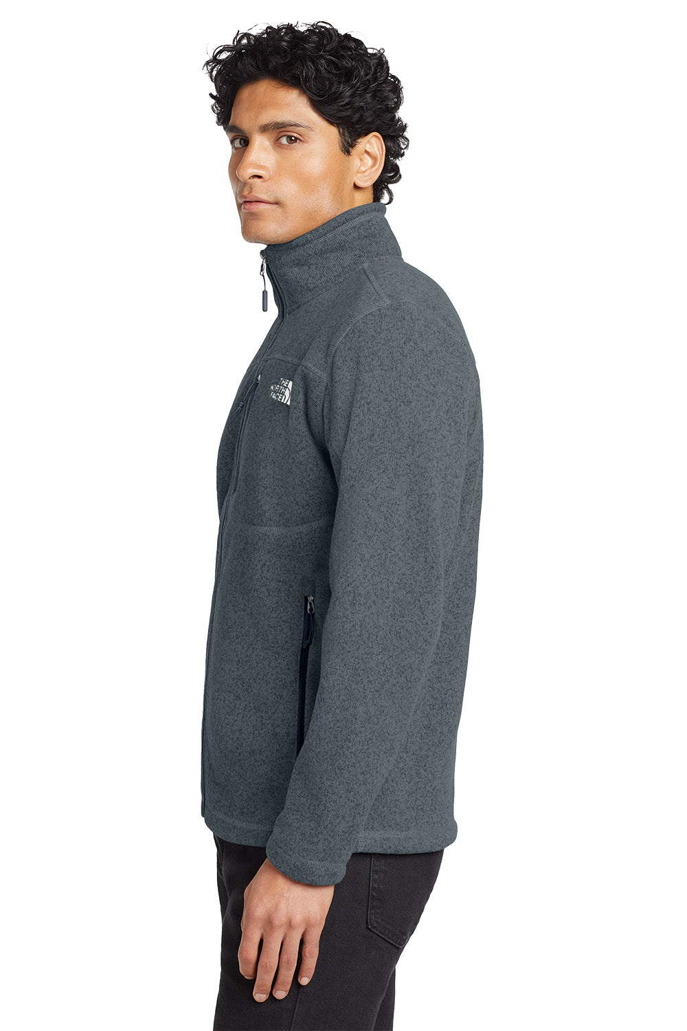 Man wearing a gray fleece jacket with a brand logo on a white background embroidered The North Face® Sweater Fleece Jacket