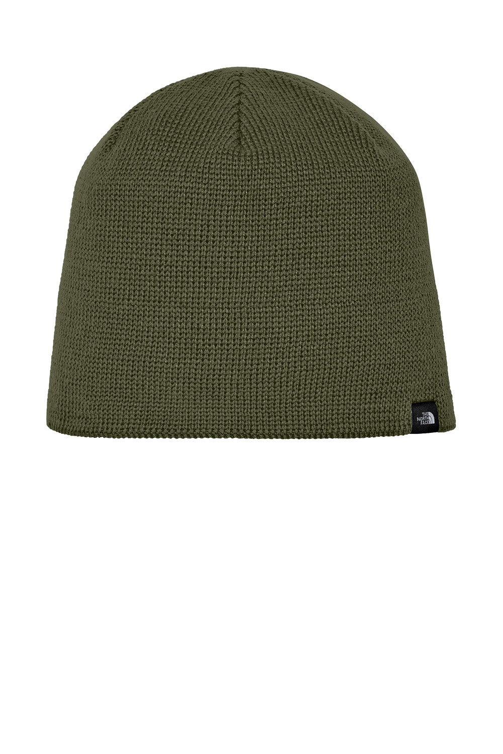 An olive green ribbed knit beanie hat with a small black and white The North Face logo patch on the side, shown against a plain white background. The North Face® Mountain Beanie, Embroidered