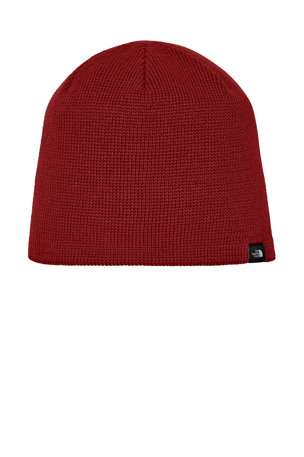 Red knit beanie with a brand logo on a white background The North Face® Mountain Beanie, Embroidered