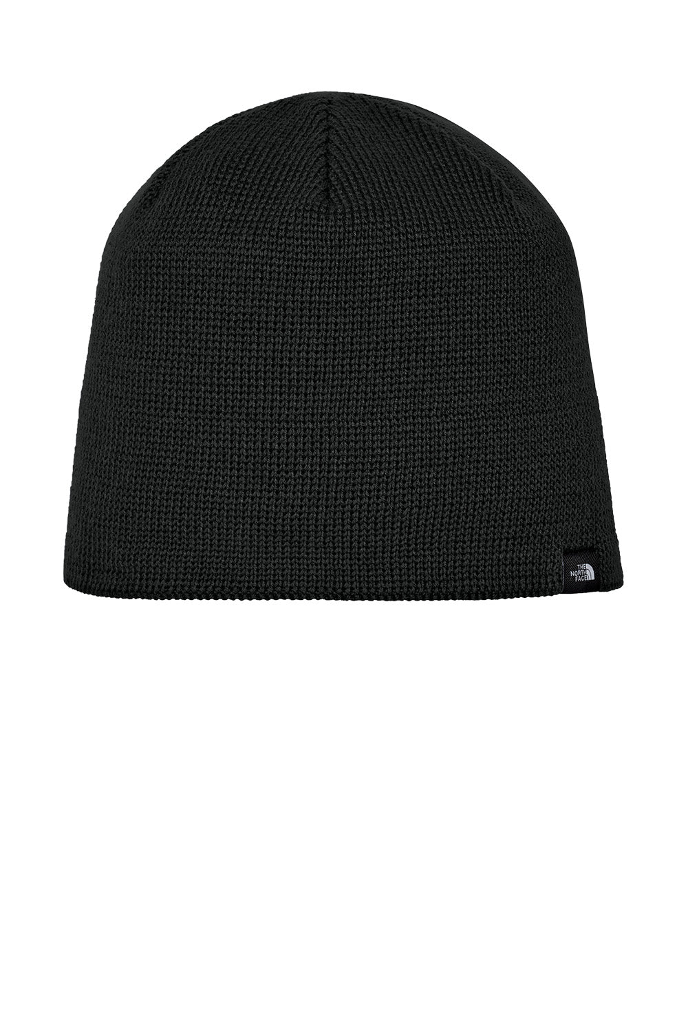 A black ribbed knit beanie hat with a small black embroidered logo of The North Face on the lower right side, shown against a plain white background. The North Face® Mountain Beanie, Embroidered
