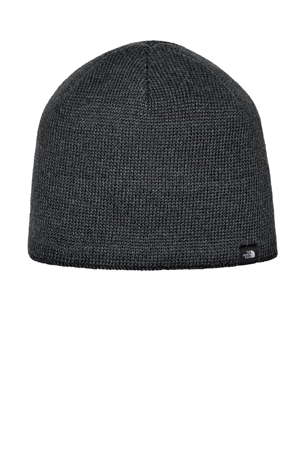 A dark gray heathered knit beanie hat with a small black embroidered logo on the lower right side, shown against a plain white background. The North Face® Mountain Beanie, Embroidered