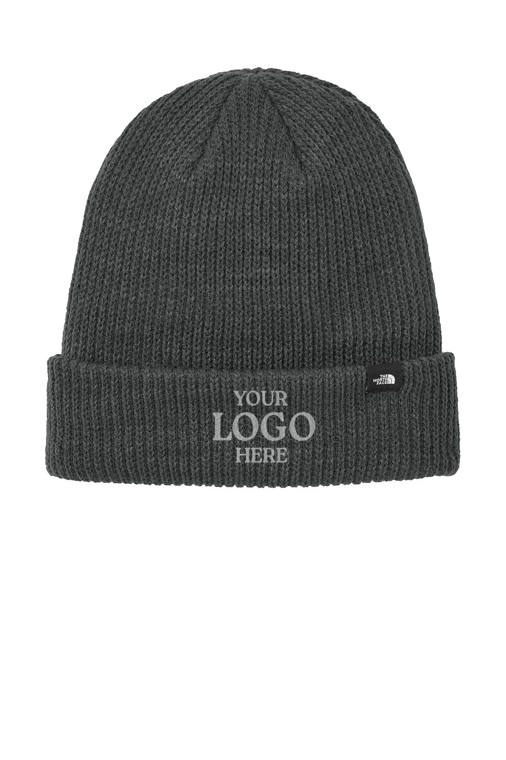 Dark gray knit beanie with space for customization on a white background