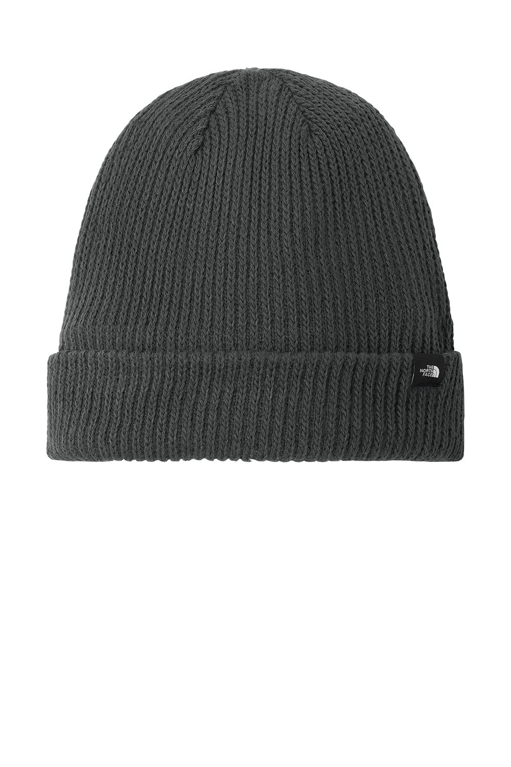 Gray knit beanie with a brand logo on a white background The North Face® Circular Rib Beanie, Embroidered
