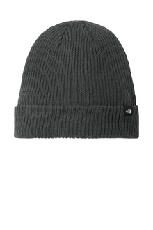 Gray knit beanie with a brand logo on a white background The North Face® Circular Rib Beanie, Embroidered