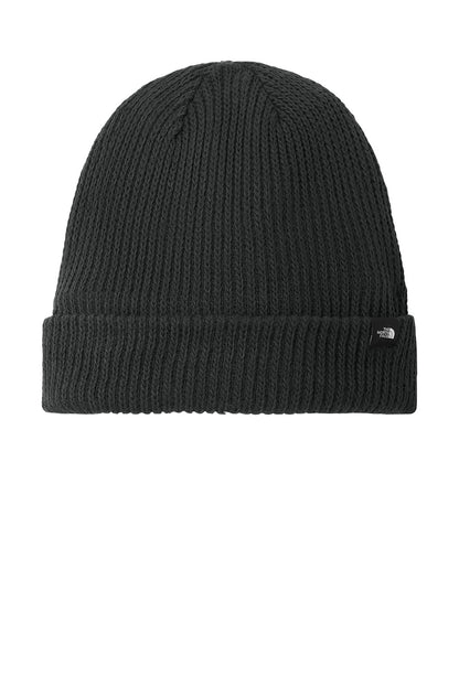 Black beanie with a brand logo on a white background The North Face® Circular Rib Beanie, Embroidered