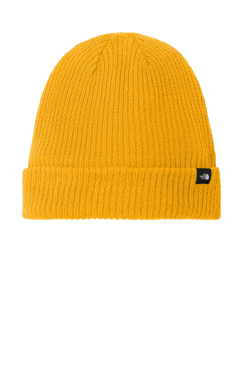 A bright yellow ribbed knit beanie hat with a folded cuff and a small black The North Face logo patch on the side, shown against a plain white background. The North Face® Circular Rib Beanie, Embroidered