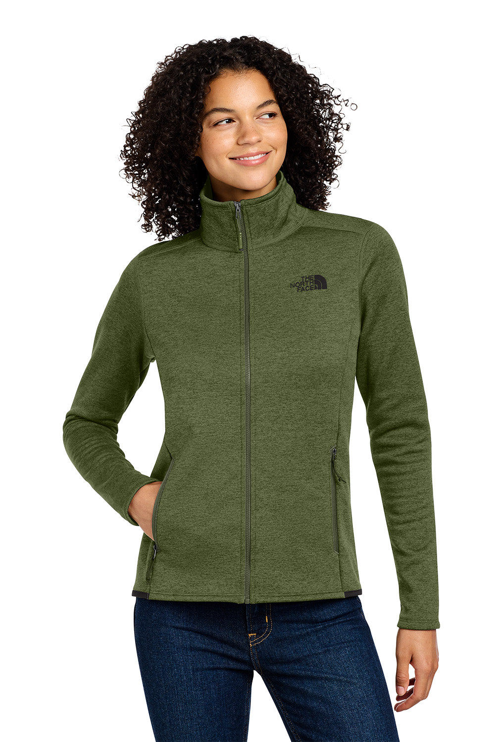 Woman wearing a green fleece jacket with a brand logo on a white background embroidered The North Face® Women's Skyline Full-Zip Fleece Jacket