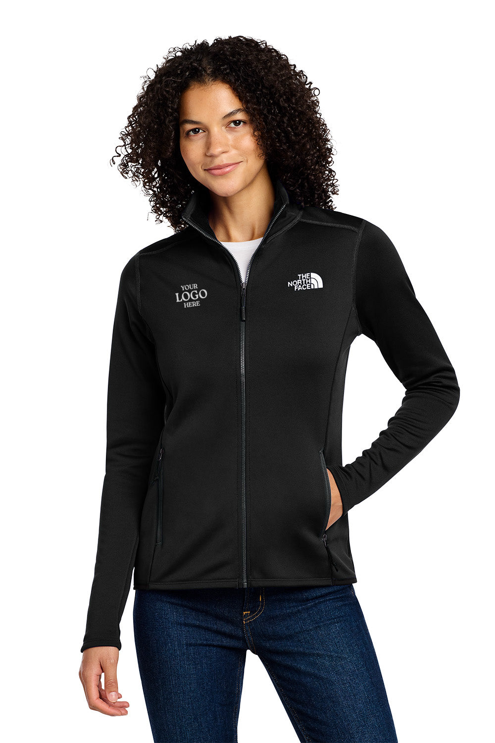 Woman wearing a black jacket with a logo on a white background embroidered The North Face® Women's Skyline Full-Zip Fleece Jacket