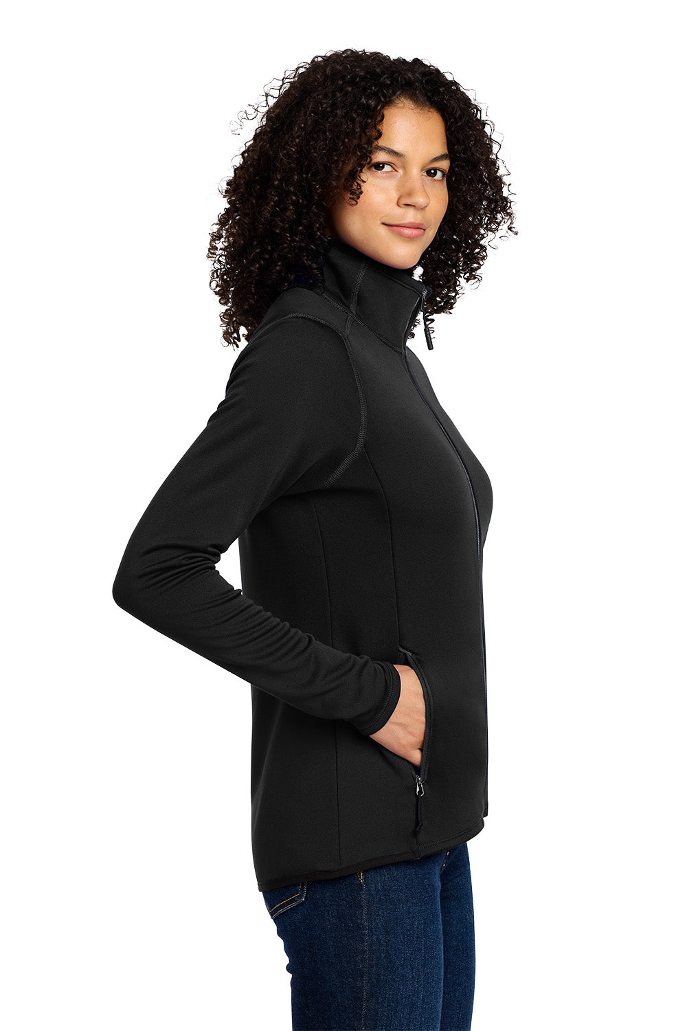 Woman wearing a black fleece jacket on a white background embroidered The North Face® Women's Skyline Full-Zip Fleece Jacket