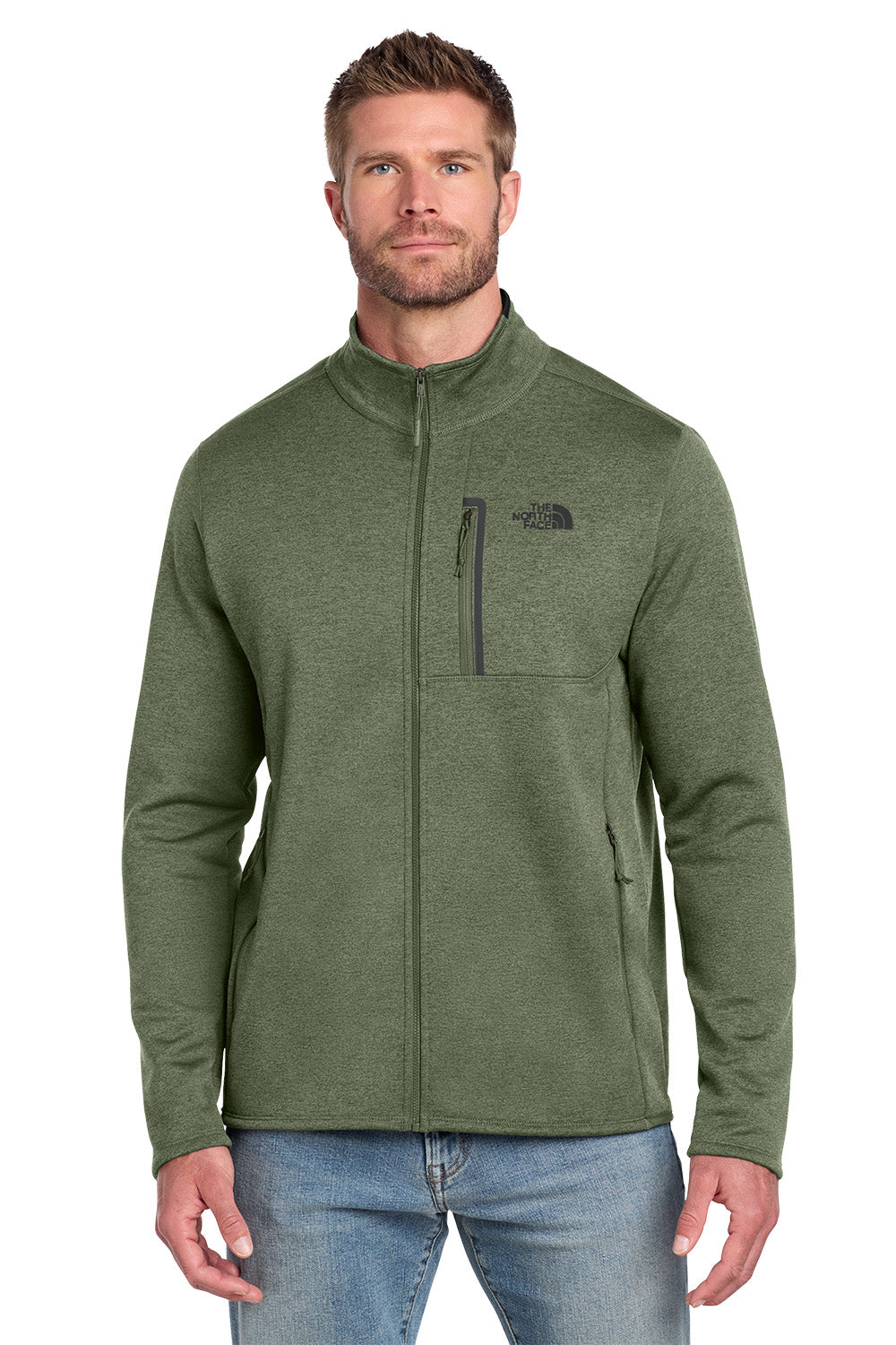 Man wearing a green fleece jacket with a brand logo on a white background embroidered The North Face® Skyline Full-Zip Fleece Jacket