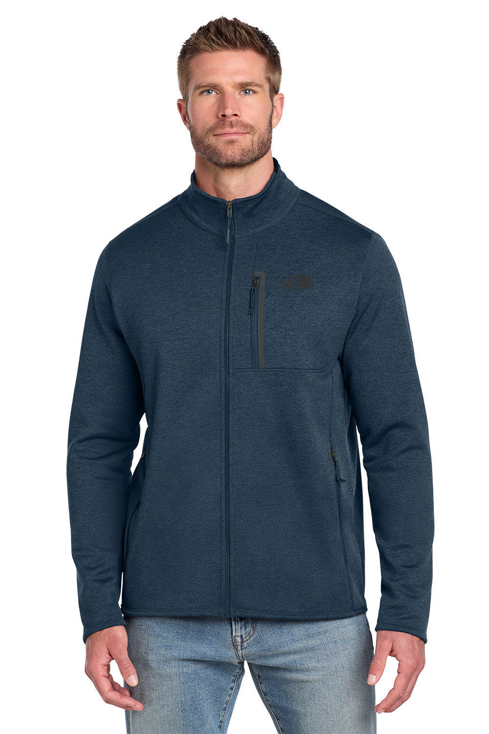 Man wearing a dark blue jacket on a white background embroidered The North Face® Skyline Full-Zip Fleece Jacket