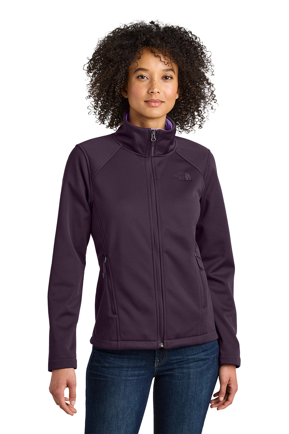 Woman wearing a purple jacket on a white background embroidered The North Face® Women's Chest Logo Ridgewall Soft Shell Jacket
