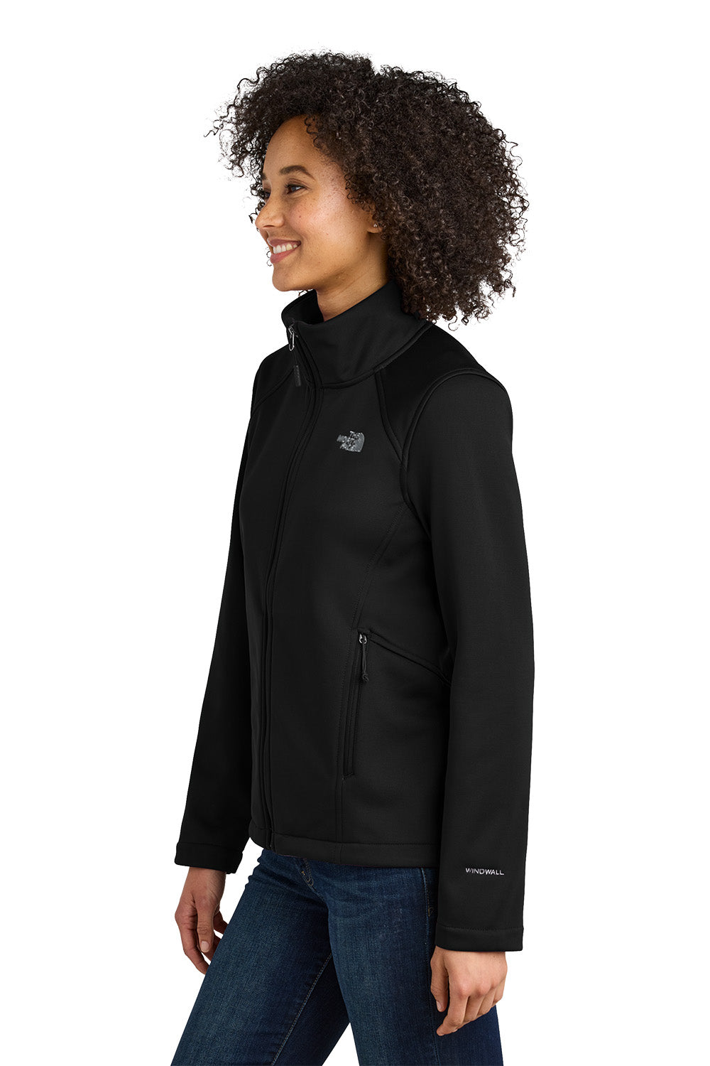 Person wearing a black jacket with a visible brand logo on a white background embroidered The North Face® Women's Chest Logo Ridgewall Soft Shell Jacket