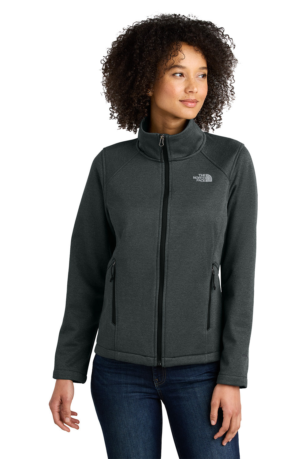 Woman wearing a gray jacket with a brand logo on a white background embroidered The North Face® Women's Chest Logo Ridgewall Soft Shell Jacket