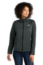 Woman wearing a gray jacket with a brand logo on a white background embroidered The North Face® Women's Chest Logo Ridgewall Soft Shell Jacket