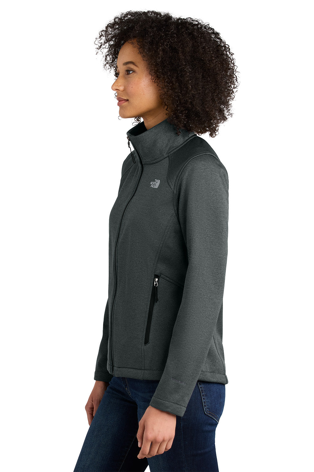 Person wearing a dark gray jacket on a white background embroidered The North Face® Women's Chest Logo Ridgewall Soft Shell Jacket