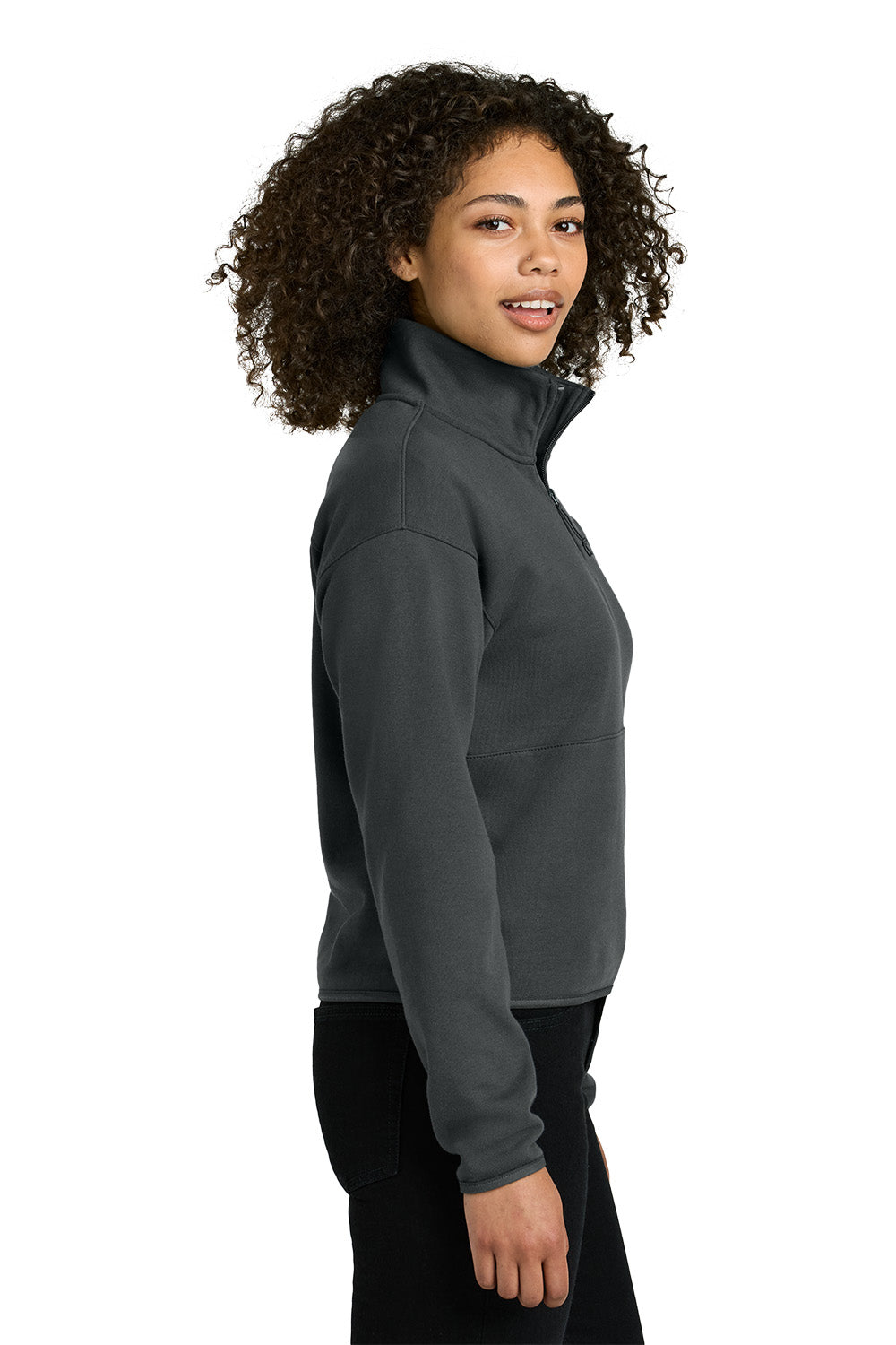 Woman wearing a gray pullover on a white background embroidered The North Face® Women's Double-Knit 1/2-Zip Fleece