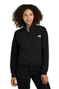 Person wearing a black pullover with a brand logo on a white background embroidered The North Face® Women's Double-Knit 1/2-Zip Fleece
