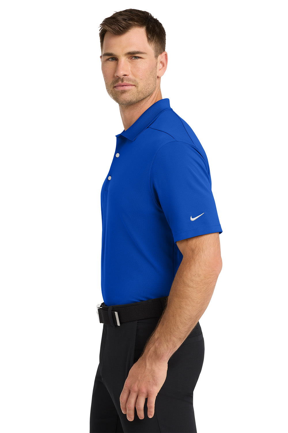 Man wearing a blue Nike polo shirt on a white background. Nike Dri-FIT Micro Pique 2.0 Polo, Embroidered by Helmsman Stitch Co.