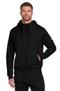 Man wearing a black hoodie with a Nike logo on a white background, embroidered Nike Club Fleece Sleeve Swoosh Full-Zip Hoodie