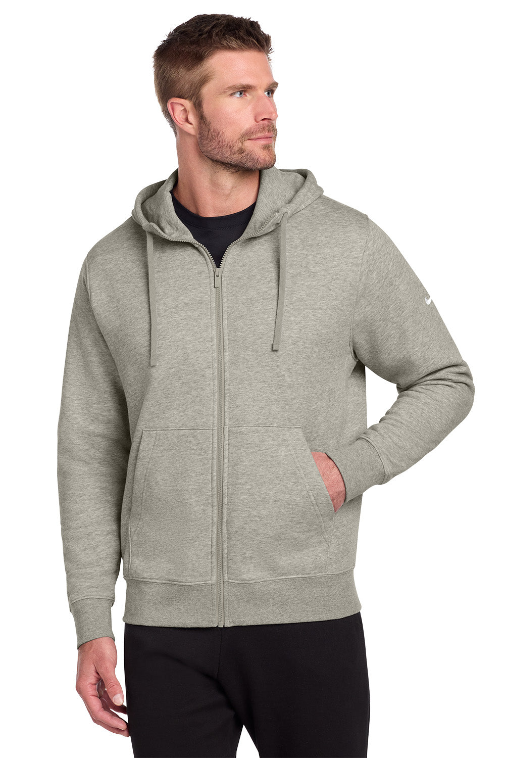 Man wearing a gray hoodie on a white background, embroidered Nike Club Fleece Sleeve Swoosh Full-Zip Hoodie