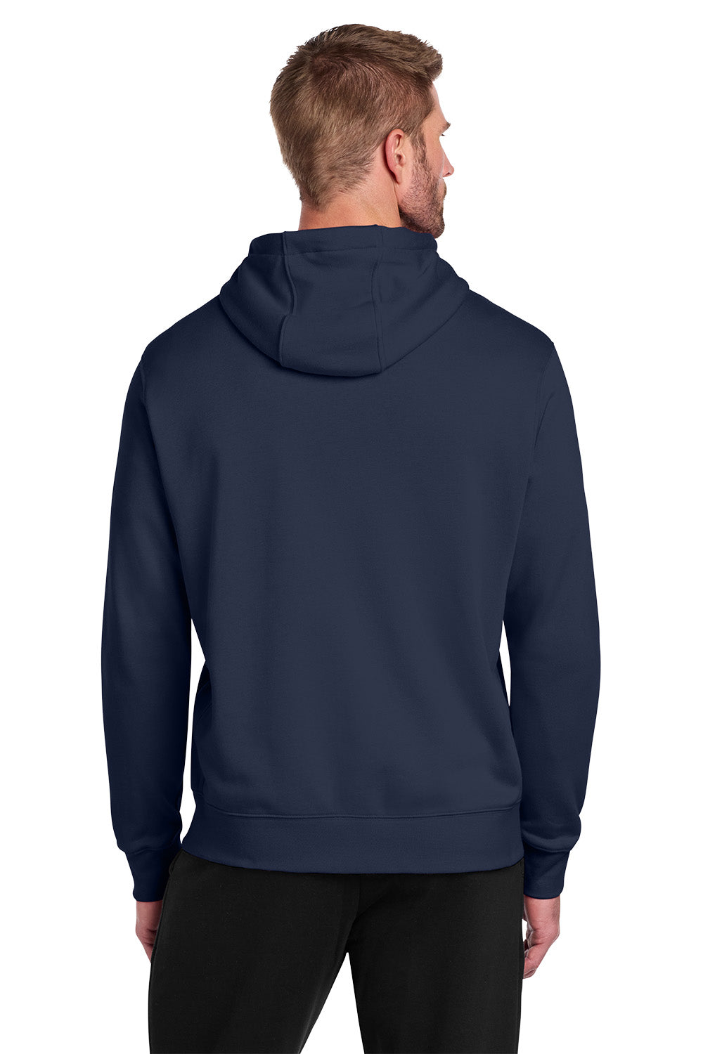 Man wearing a navy blue hoodie from behind on a white background, embroidered Nike Club Fleece Sleeve Swoosh Full-Zip Hoodie