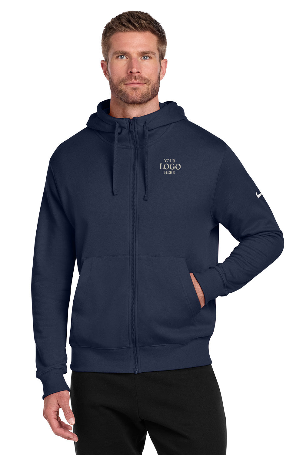 Man wearing a navy blue hoodie with a logo on a white background, embroidered Nike Club Fleece Sleeve Swoosh Full-Zip Hoodie