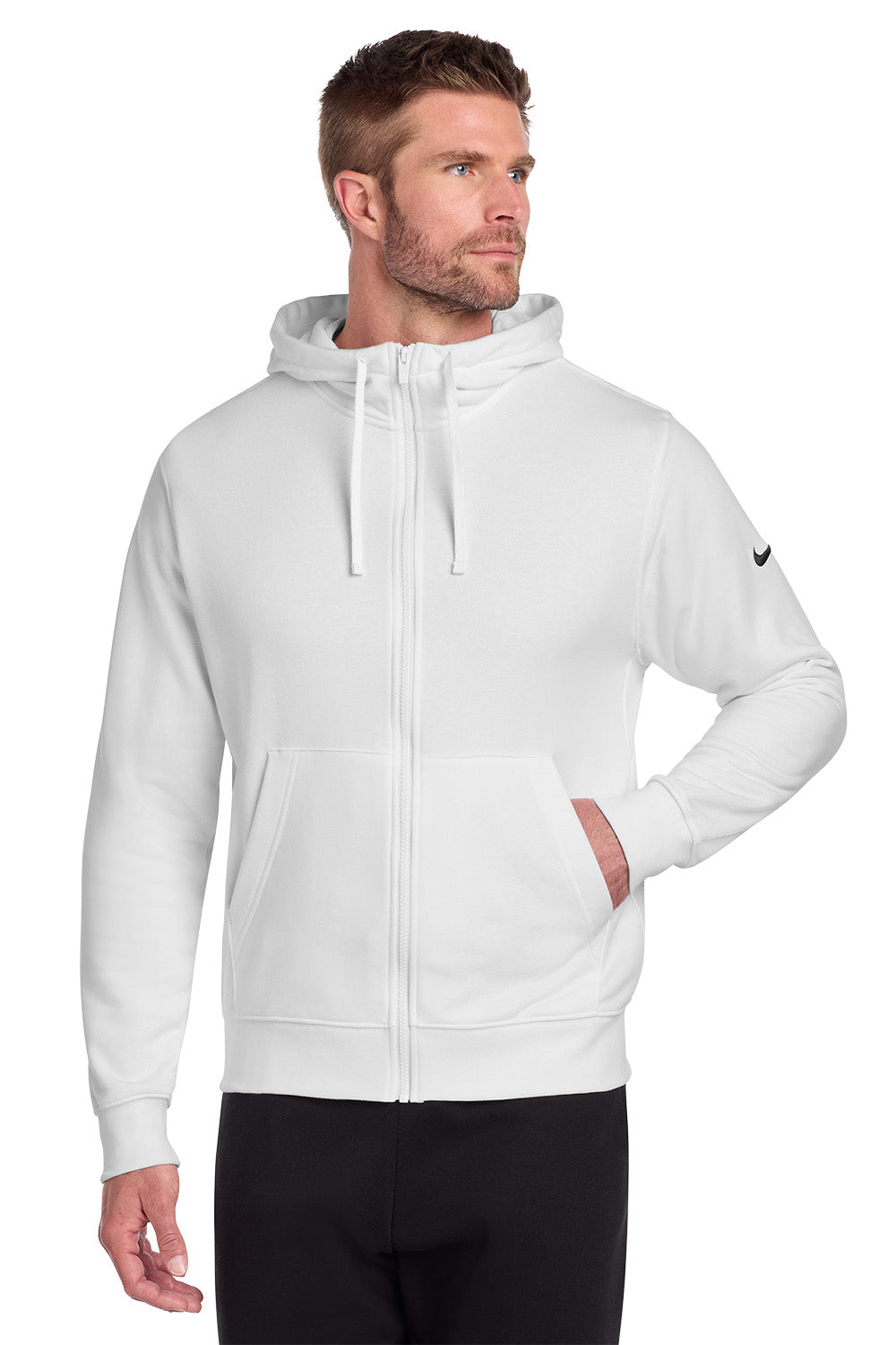 Man wearing a white hoodie with a brand logo on a white background, embroidered Nike Club Fleece Sleeve Swoosh Full-Zip Hoodie