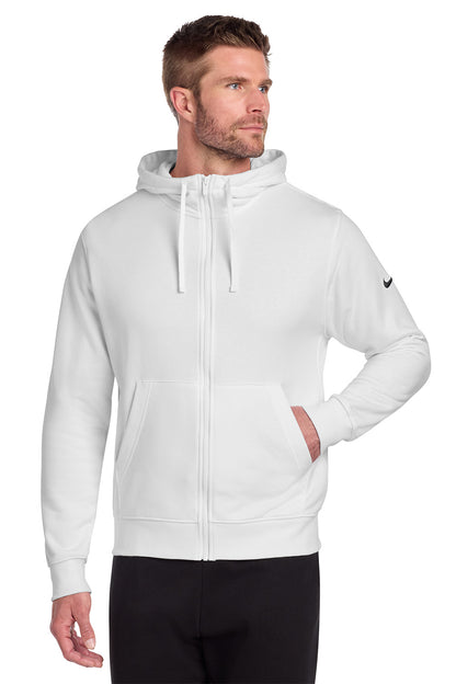 Man wearing a white hoodie with a brand logo on a white background, embroidered Nike Club Fleece Sleeve Swoosh Full-Zip Hoodie
