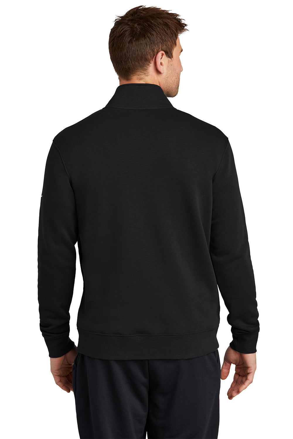 Man wearing a black pullover with a white background, Embroidered Nike Club Fleece Sleeve Swoosh 1/2-Zip
