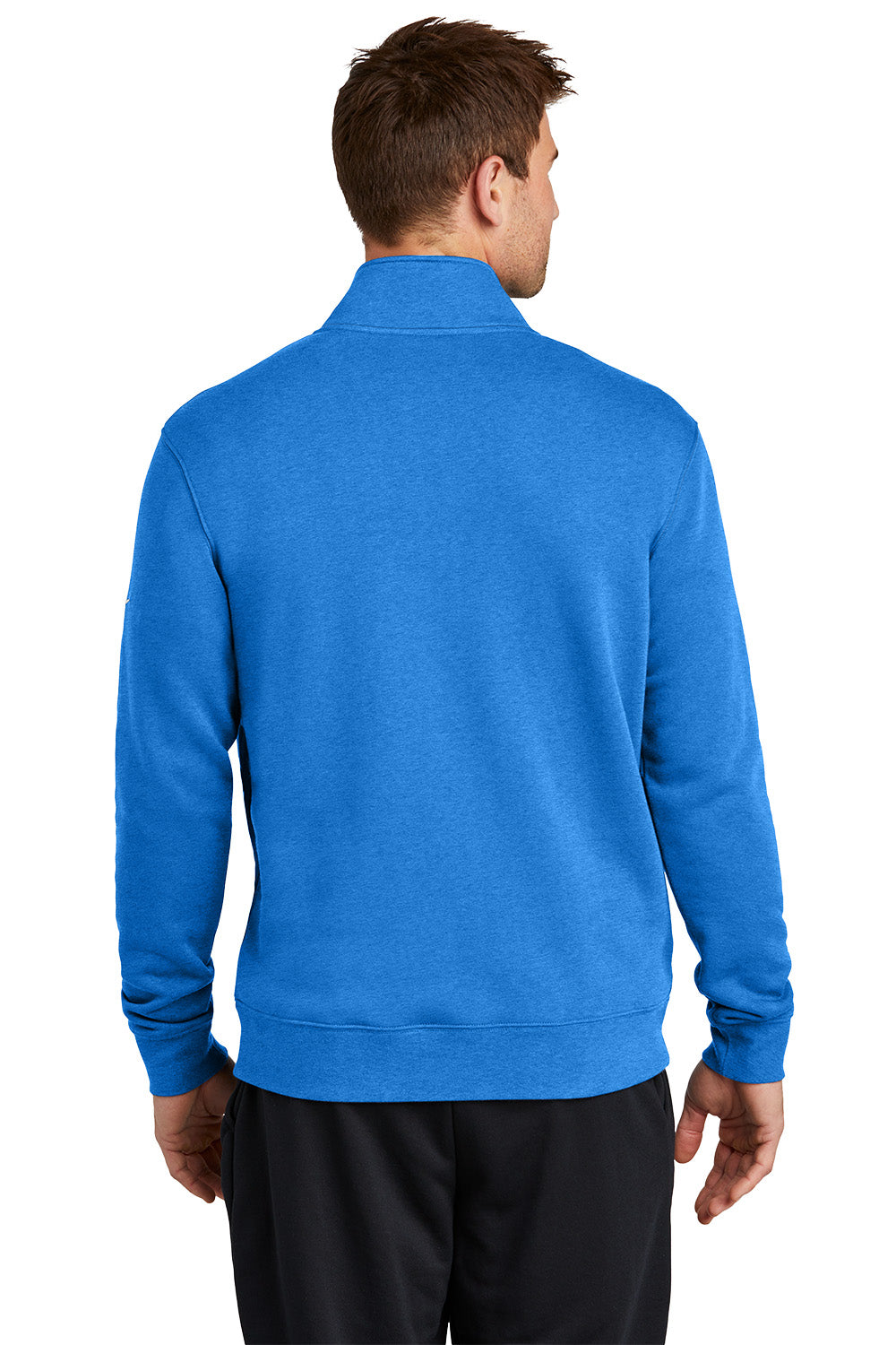 Person wearing a blue jacket on a white background, Embroidered Nike Club Fleece Sleeve Swoosh 1/2-Zip