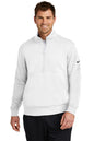 Man wearing a white quarter-zip sweatshirt on a white background. Nike Club Fleece Sleeve Swoosh 1/2-Zip, Embroidered by Helmsman Stitch Co.