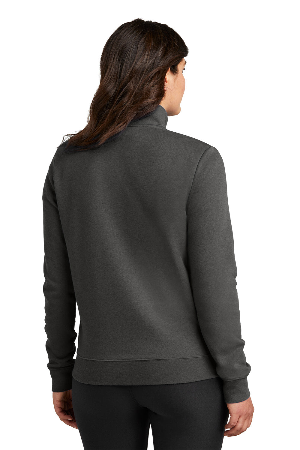 Person wearing a dark gray pullover with a high collar on a white background, Embroidered Nike Women's Club Fleece Sleeve Swoosh 1/2-Zip
