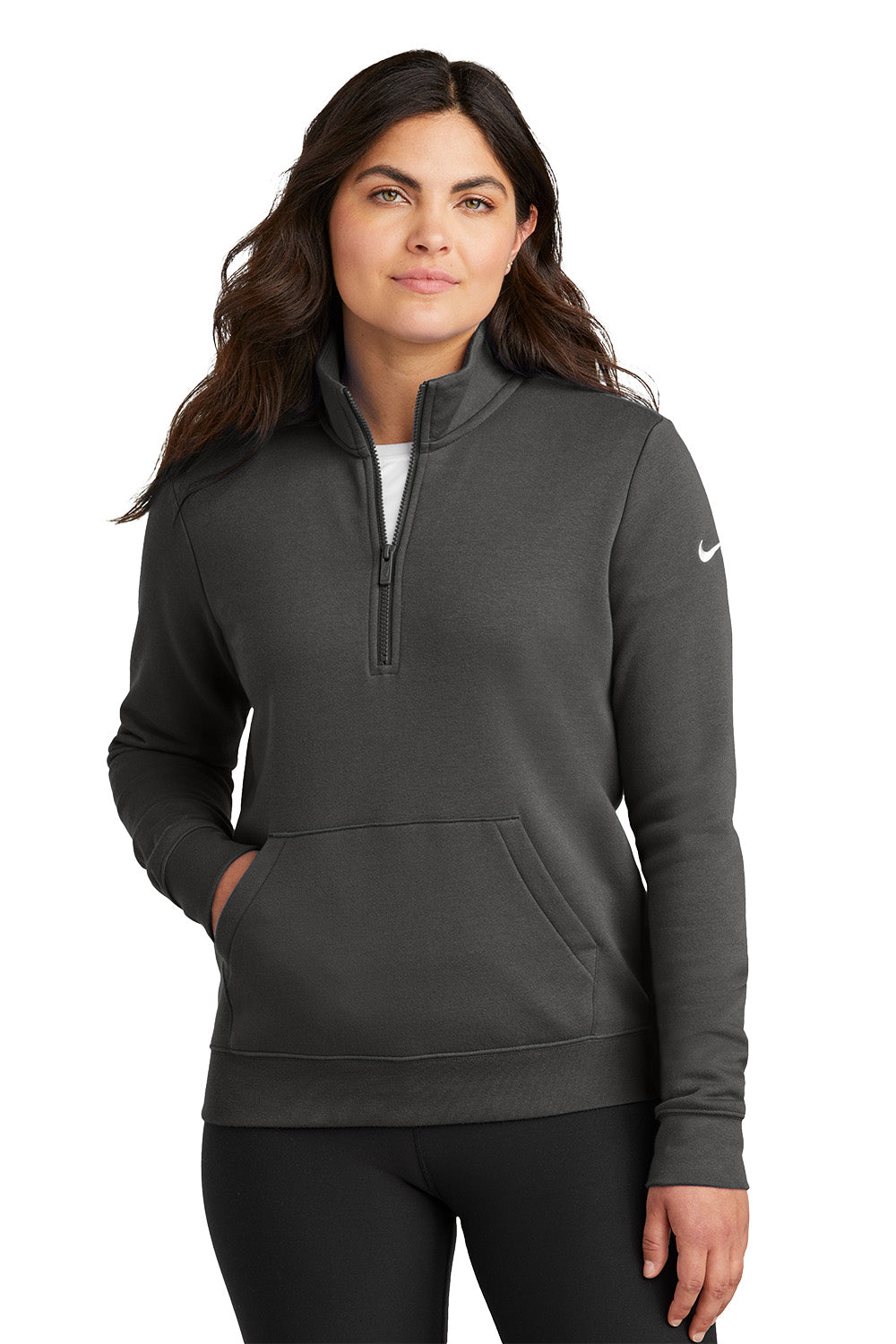 Woman wearing a gray Nike pullover on a white background, Embroidered Nike Women's Club Fleece Sleeve Swoosh 1/2-Zip
