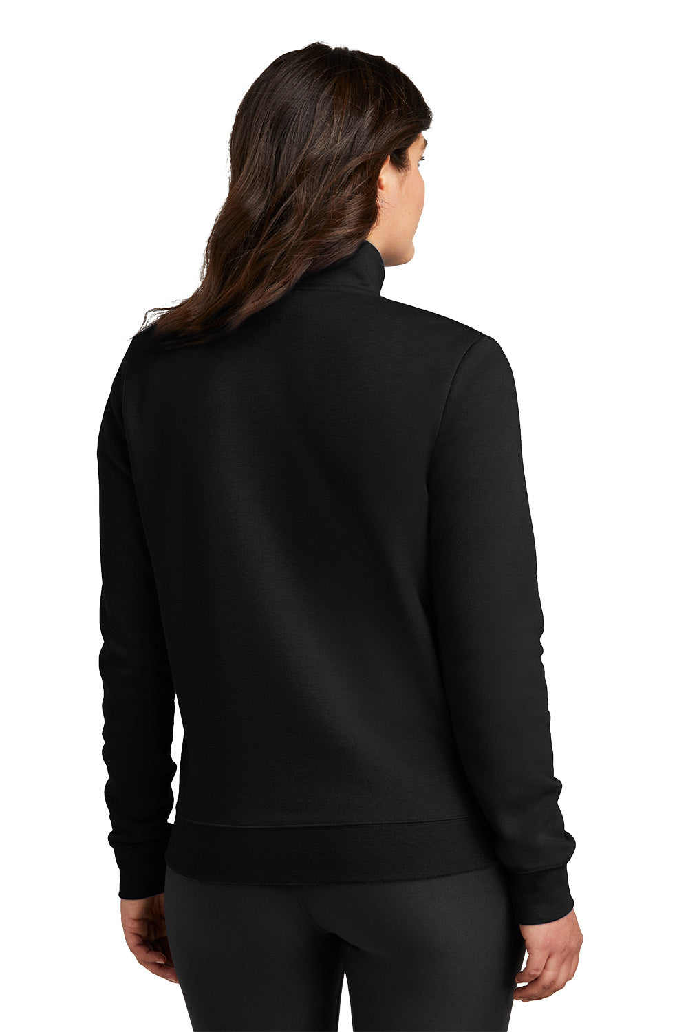 Person wearing a black jacket on a white background, Embroidered Nike Women's Club Fleece Sleeve Swoosh 1/2-Zip