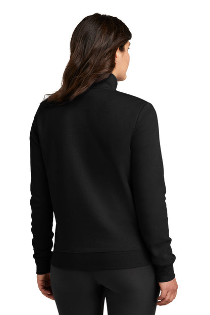 Person wearing a black jacket on a white background, Embroidered Nike Women's Club Fleece Sleeve Swoosh 1/2-Zip