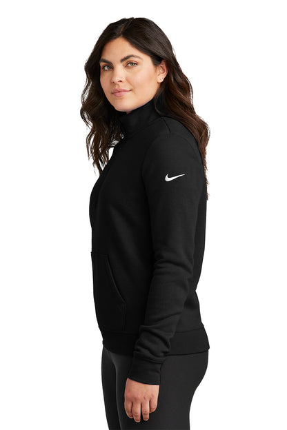 Woman wearing a black Nike jacket on a white background, Embroidered Nike Women's Club Fleece Sleeve Swoosh 1/2-Zip