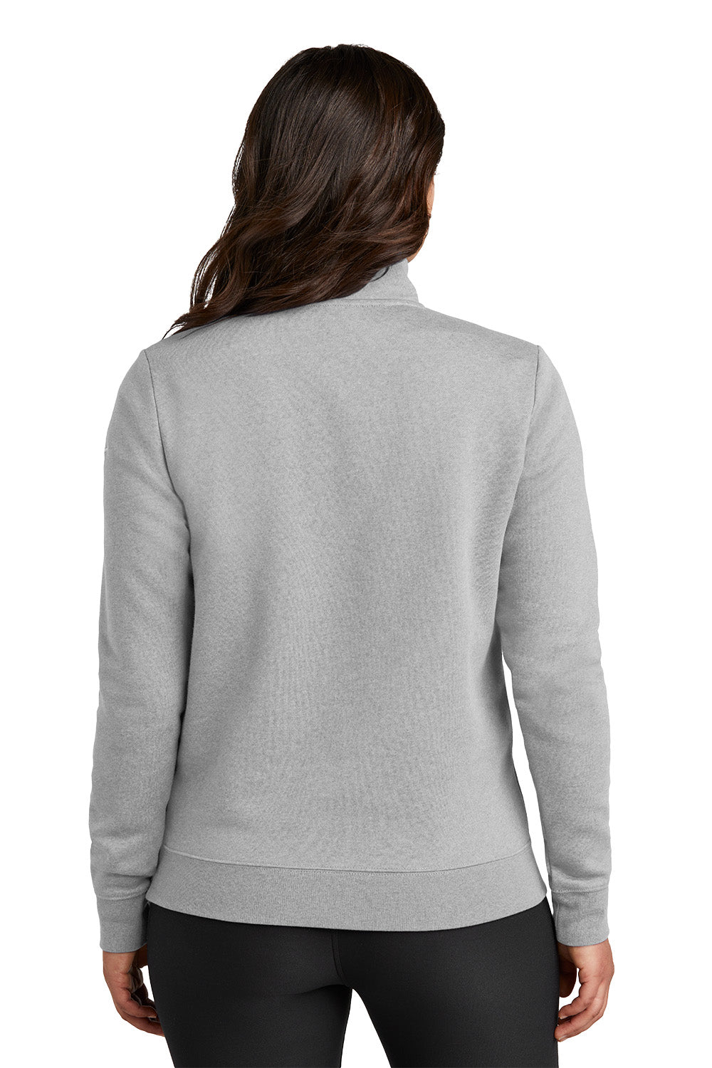 Person wearing a gray sweater on a white background, Embroidered Nike Women's Club Fleece Sleeve Swoosh 1/2-Zip