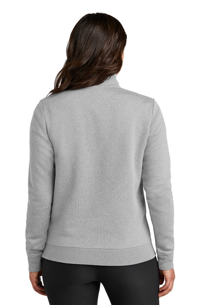 Person wearing a gray sweater on a white background, Embroidered Nike Women's Club Fleece Sleeve Swoosh 1/2-Zip