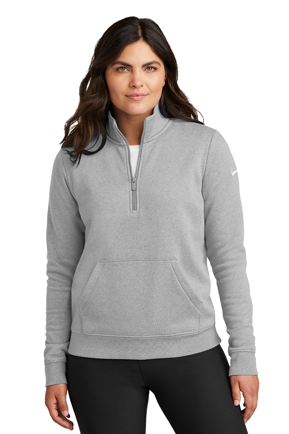 Woman wearing a gray pullover with a quarter zip on a white background, Embroidered Nike Women's Club Fleece Sleeve Swoosh 1/2-Zip