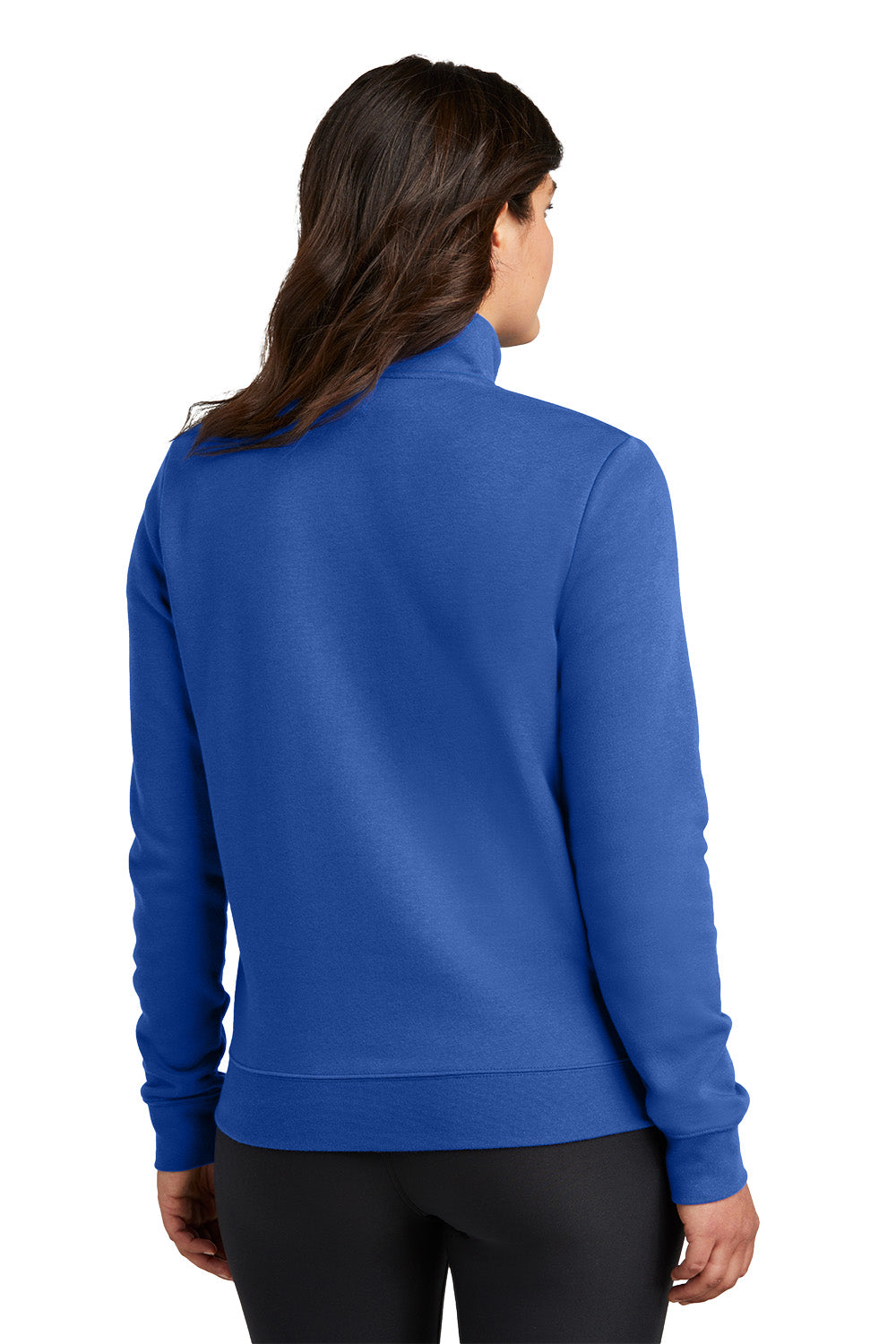 Person wearing a blue pullover with a white background, Embroidered Nike Women's Club Fleece Sleeve Swoosh 1/2-Zip