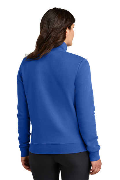 Person wearing a blue pullover with a white background, Embroidered Nike Women's Club Fleece Sleeve Swoosh 1/2-Zip