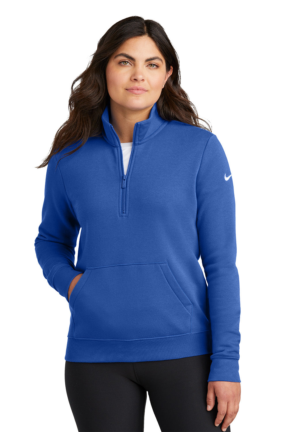 Woman wearing a blue Nike pullover on a white background, Embroidered Nike Women's Club Fleece Sleeve Swoosh 1/2-Zip