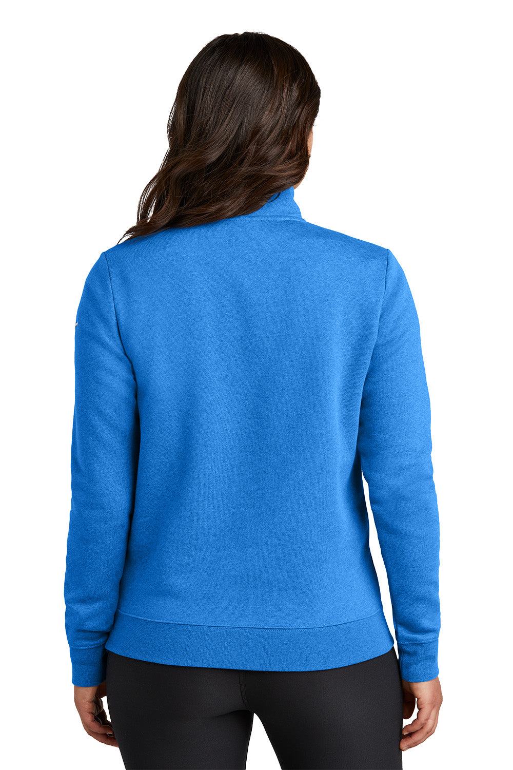 Blue sweater worn by a person on a white background, Embroidered Nike Women's Club Fleece Sleeve Swoosh 1/2-Zip