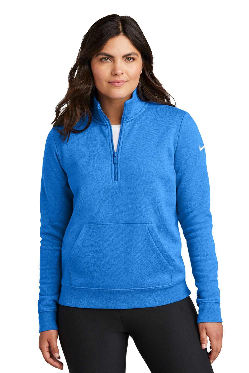 Woman wearing a blue Nike pullover on a white background, Embroidered Nike Women's Club Fleece Sleeve Swoosh 1/2-Zip